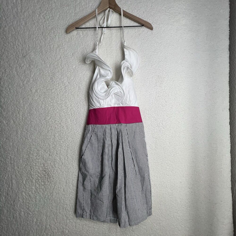 B Darlin Womens Dress Size 9/10 Gray Striped Ruffled Halter Pleated Sexy Mini